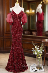 Wine Red Velvet Mermaid Long Party Dress, Wine Red Vekvet Semi Formal Prom Dress